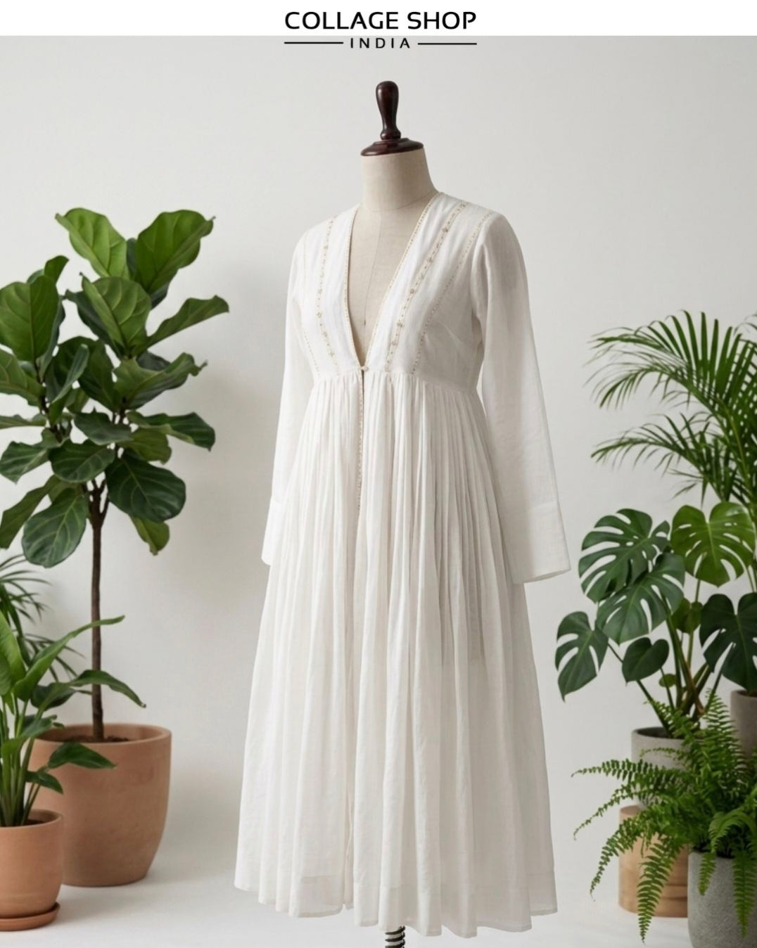 A sheer mul jacket layered over slip and palazzo